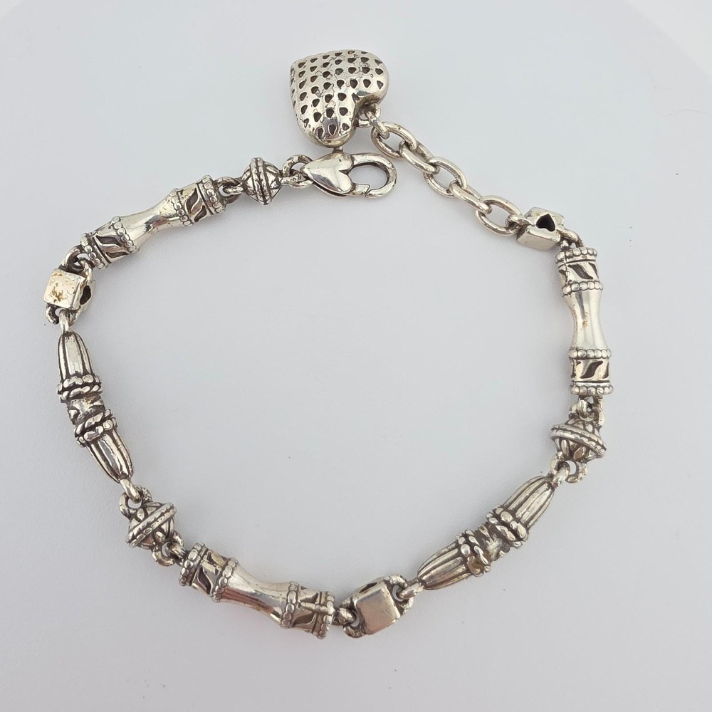 BRIGHTON Puffy Heart Charm Bracelet Scrollwork Barrel Links Silver Plate 8"